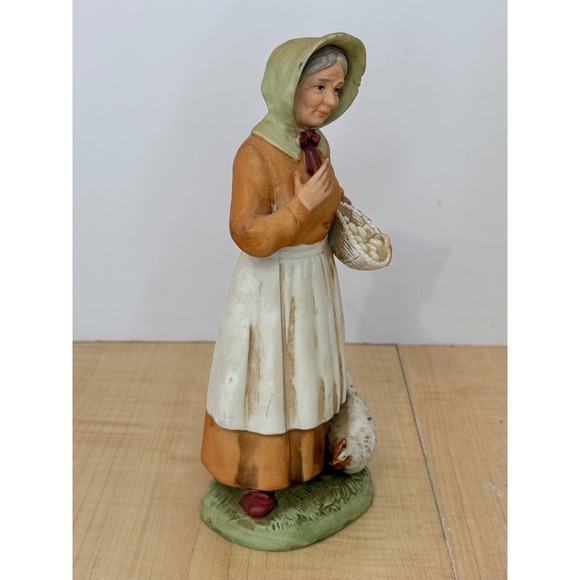 Vintage Porcelain Farm Woman Figurine with Eggs and Hen 1426 Bisque 8.5 Inch - Picture 3 of 6